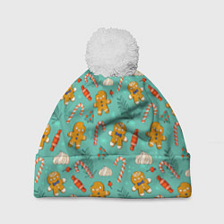 Шапка с помпоном Новогодний паттерн печенье с конфетами, цвет: 3D-белый