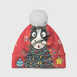 Шапка с помпоном Лошадка в новогодних огоньках, цвет: 3D-белый