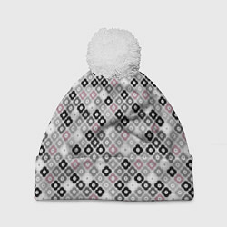 Шапка с помпоном Цветочный серо-розовый узор ретро, цвет: 3D-белый