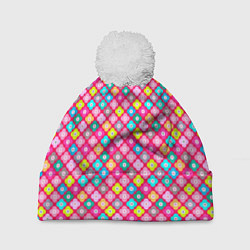 Шапка с помпоном Разноцветный цветочный узор ретро, цвет: 3D-белый