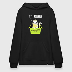 Толстовка-худи оверсайз Кот спереди жив, а сзади, цвет: черный