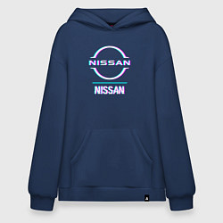 Толстовка-худи оверсайз Значок Nissan в стиле glitch, цвет: тёмно-синий