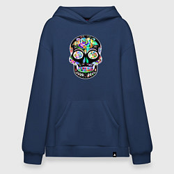 Толстовка-худи оверсайз Чёрный мексиканский череп с разноцветными цветами, цвет: тёмно-синий