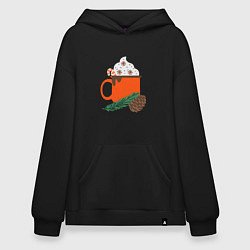 Толстовка-худи оверсайз Новогодняя кружка с какао, цвет: черный