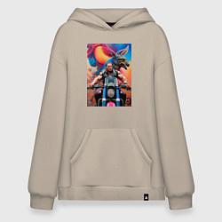 Толстовка-худи оверсайз Арнольд Шварценеггер на мотоцикле - нейросеть, цвет: миндальный