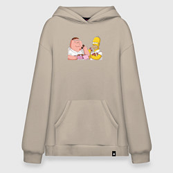 Толстовка-худи оверсайз Питер и Гомер едят пончики, цвет: миндальный