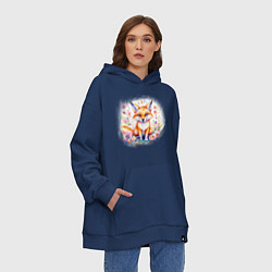 Толстовка-худи оверсайз Милый большеухий лисенок сидит в цветах, цвет: тёмно-синий — фото 2