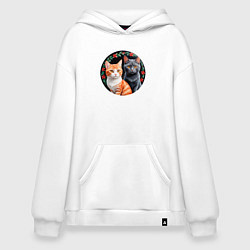 Толстовка-худи оверсайз Два кота ждут Новый Год, цвет: белый