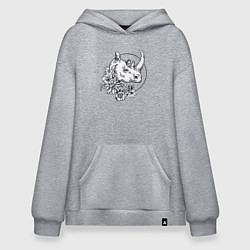 Толстовка-худи оверсайз Носорог и цветы, цвет: меланж