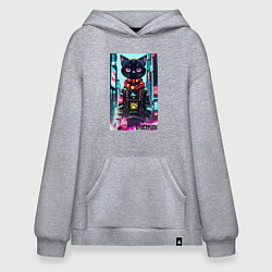 Толстовка-худи оверсайз Котёнок в мегаполисе - киберпанк, цвет: меланж