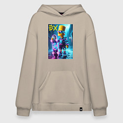 Толстовка-худи оверсайз Скейтбордист Барт Симпсон в ночном городе под дожд, цвет: миндальный