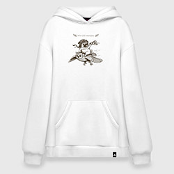 Толстовка-худи оверсайз Мопс летчик на сове и с пиццей, цвет: белый