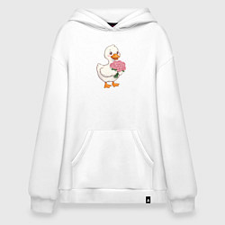Толстовка-худи оверсайз Милая уточка с букетом роз, цвет: белый