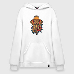 Худи оверсайз Слон на фоне солнца с розами в стиле тату