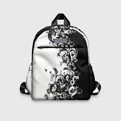 Детский рюкзак Черно-белая птица среди узорчатых цветов, цвет: 3D-принт