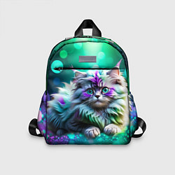 Детский рюкзак Пушистый котенок в бирюзово фиолетовом боке, цвет: 3D-принт