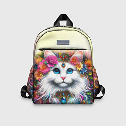 Детский рюкзак Белый кот с голубыми глазами в цветах, цвет: 3D-принт