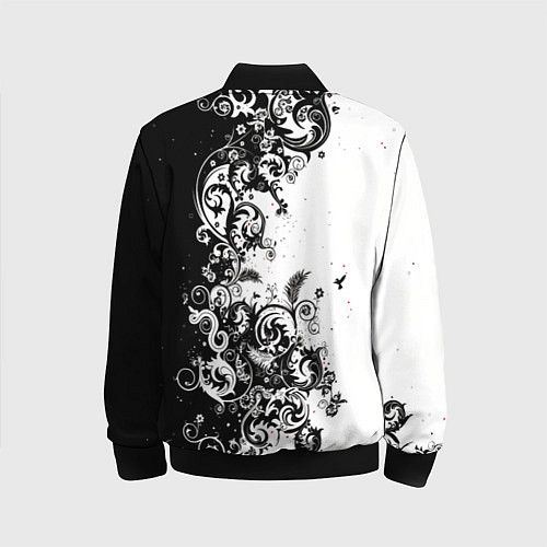 Детский бомбер Черно-белая птица среди узорчатых цветов / 3D-Черный – фото 2