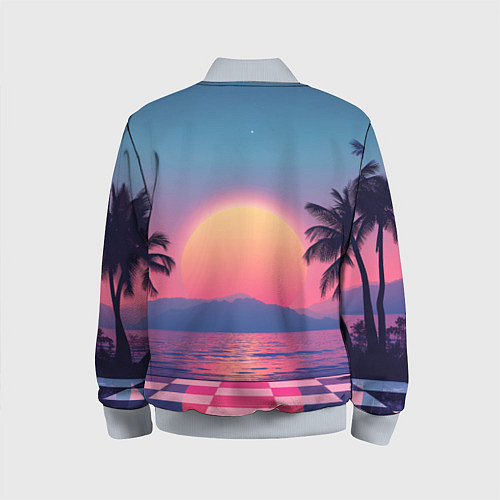 Детский бомбер Пальмы на шахматном полу с видом на закат / 3D-Серый – фото 2