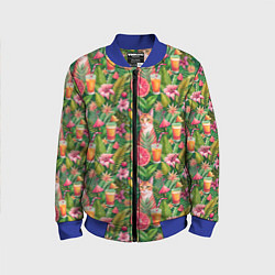 Бомбер детский Летний котик с коктейлем в тропических цветах, цвет: 3D-синий