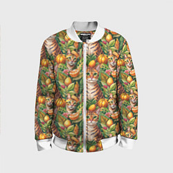 Бомбер детский Бенгальский котик в тропических листьях, цвет: 3D-белый