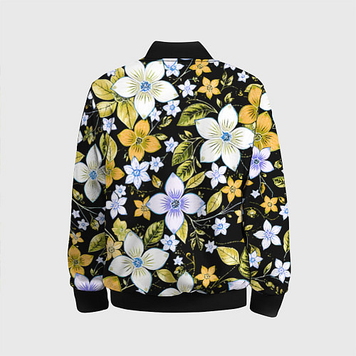 Детский бомбер Жёлто-белые цветы на чёрном фоне / 3D-Черный – фото 2