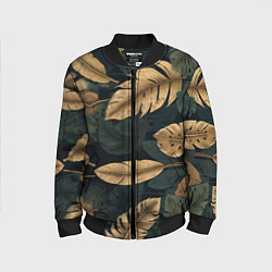 Бомбер детский Золотые листья монстеры и перья, цвет: 3D-черный