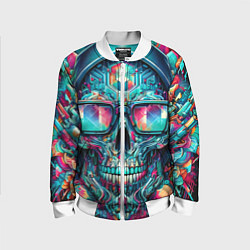 Бомбер детский Кибер череп в балахоне и очках - нейроарт фантазия, цвет: 3D-белый