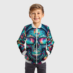Бомбер детский Кибер череп в балахоне и очках - нейроарт фантазия, цвет: 3D-белый — фото 2