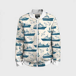 Бомбер детский Морской паттерн из чаек, якорей и кораблей, цвет: 3D-белый