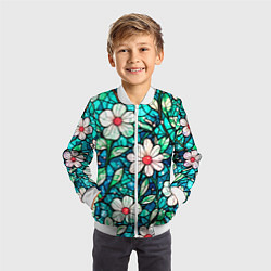Бомбер детский Цветочный сине-зелёный витраж, цвет: 3D-белый — фото 2