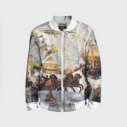 Бомбер детский Русская тройка зимой - картина Масленица Кустодиев, цвет: 3D-белый