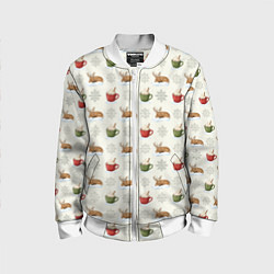 Бомбер детский Зимний паттерн с оленем и чашками какао, цвет: 3D-белый