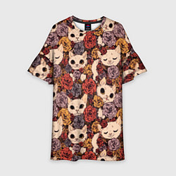 Платье клеш для девочки КОТИКИ В ЦВЕТАХ, цвет: 3D-принт