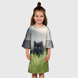 Платье клеш для девочки Черный кот на лугу, цвет: 3D-принт — фото 2