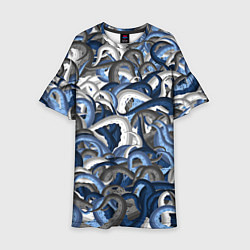 Платье клеш для девочки Синий камуфляж с щупальцами, цвет: 3D-принт
