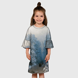 Платье клеш для девочки Зимний пейзаж картина маслом, цвет: 3D-принт — фото 2