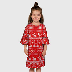 Платье клеш для девочки Новогодний узор с оленями и елкой, цвет: 3D-принт — фото 2