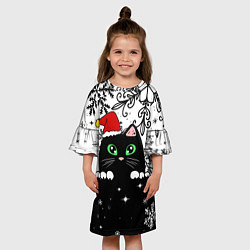 Платье клеш для девочки Новогодний кот в колпаке Санты, цвет: 3D-принт — фото 2