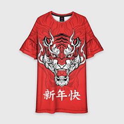 Платье клеш для девочки Красный тигр - дракон, цвет: 3D-принт