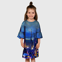Платье клеш для девочки Город будущего Неон, цвет: 3D-принт — фото 2