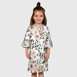 Платье клеш для девочки Цветы Акварельно-Белые, цвет: 3D-принт — фото 2