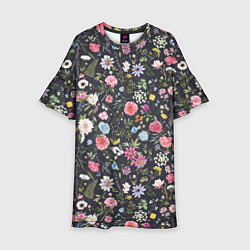 Платье клеш для девочки Разные цветы, листья, травы на темном фоне, цвет: 3D-принт