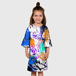 Платье клеш для девочки Брызги и мазки разноцветных красок на белом фоне, цвет: 3D-принт — фото 2