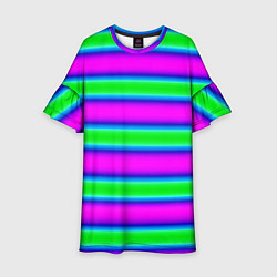 Платье клеш для девочки Зеленый и фиолетовые яркие неоновые полосы striped, цвет: 3D-принт