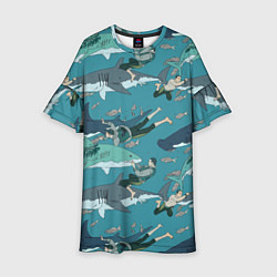 Платье клеш для девочки Ныряльщики и акулы - паттерн, цвет: 3D-принт