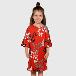 Платье клеш для девочки Черные и серые ветки на красном фоне в японском ст, цвет: 3D-принт — фото 2