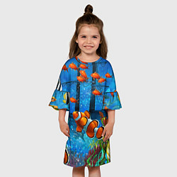 Платье клеш для девочки Затонувший корабль в окружении обитателей океана, цвет: 3D-принт — фото 2