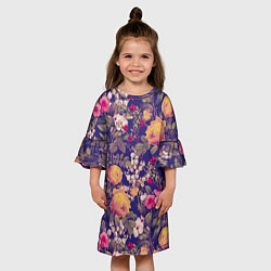 Платье клеш для девочки Летний Букет Цветов На Синем Фоне, цвет: 3D-принт — фото 2