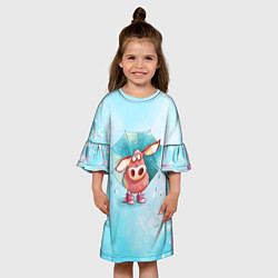 Платье клеш для девочки Свинка под зонтиком в дождь, цвет: 3D-принт — фото 2